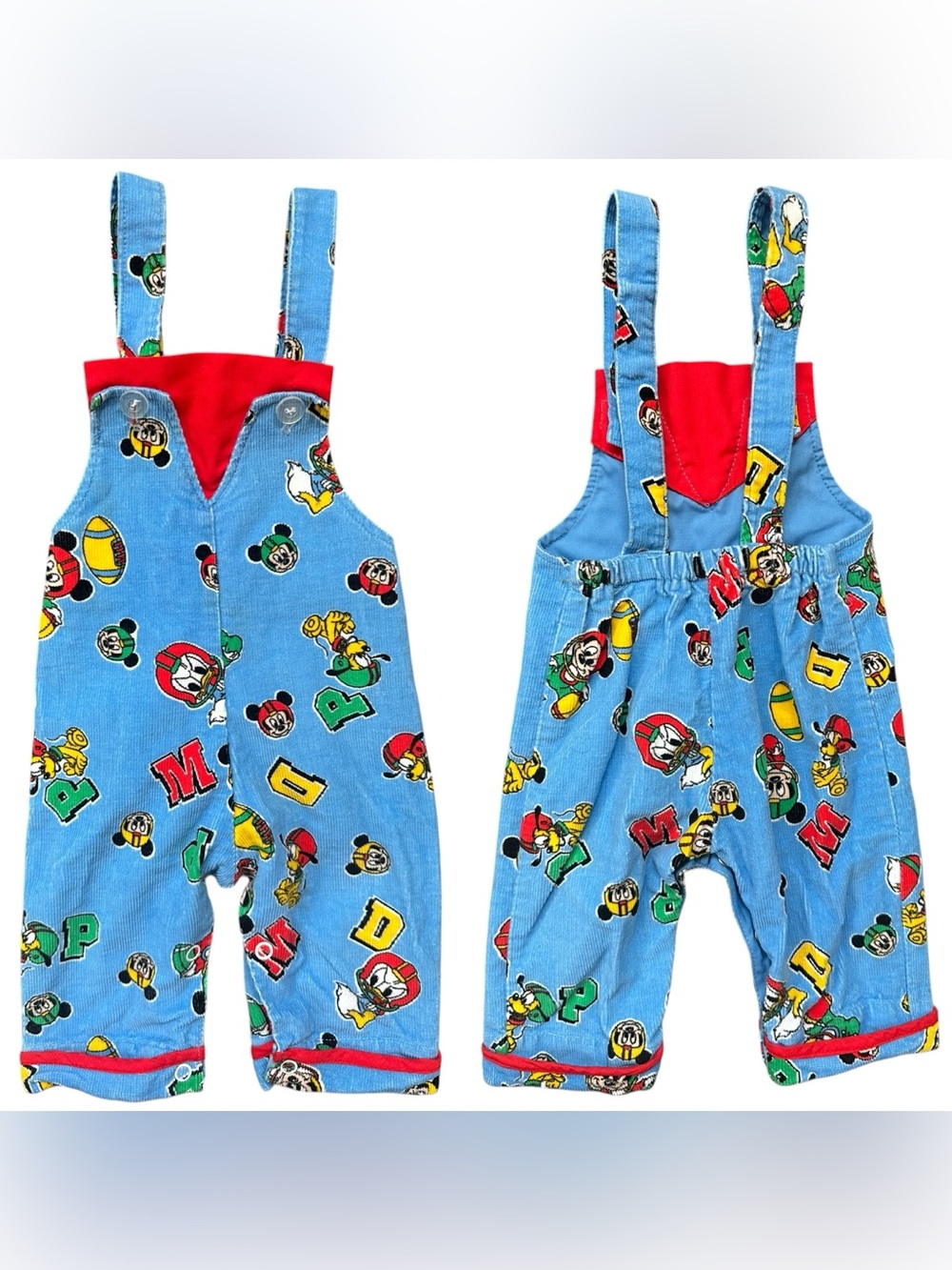 Vintage 80s Disney Babies Blue Corduroy Football Theme Overalls Size NB to 6M